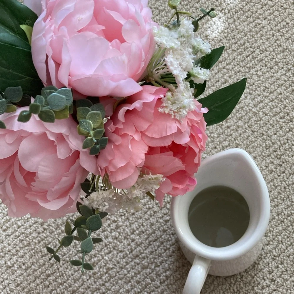 IKEA Faux Pink Flower Bouquet with Farmstyle Pitcher Vase Cream Center Piece
